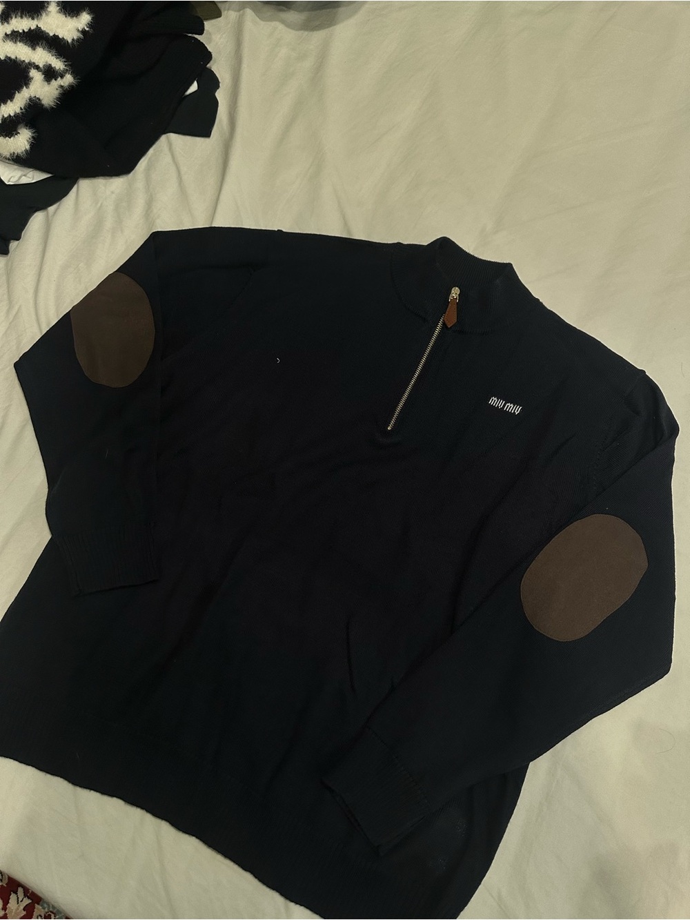 Miu Miu Men's Black Half-Zip Sweater with Brown Elbow Patches